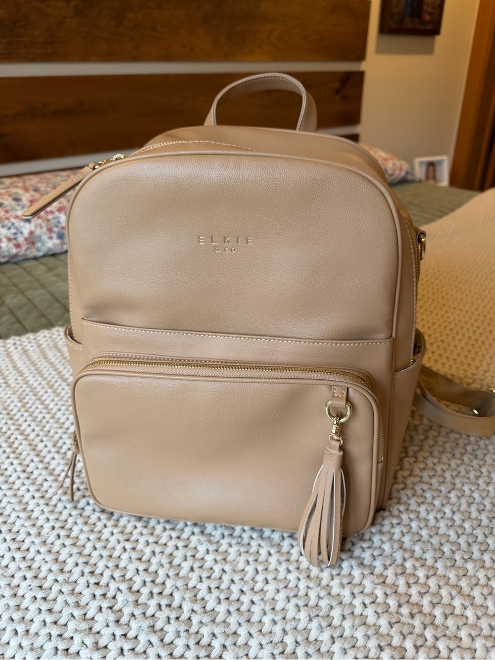 ELKIE & CO. Beige Leather Backpack with Tassel